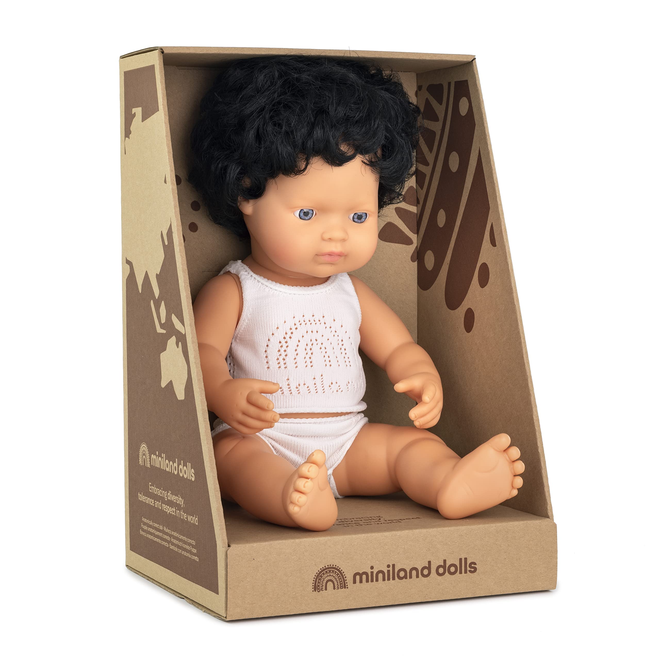 Miniland Bambola Europeo 38 cm vinile capelli ricci bambino