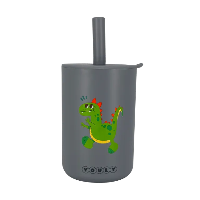 Youly Dino tazza con cannuccia grigia in silicone alimentare