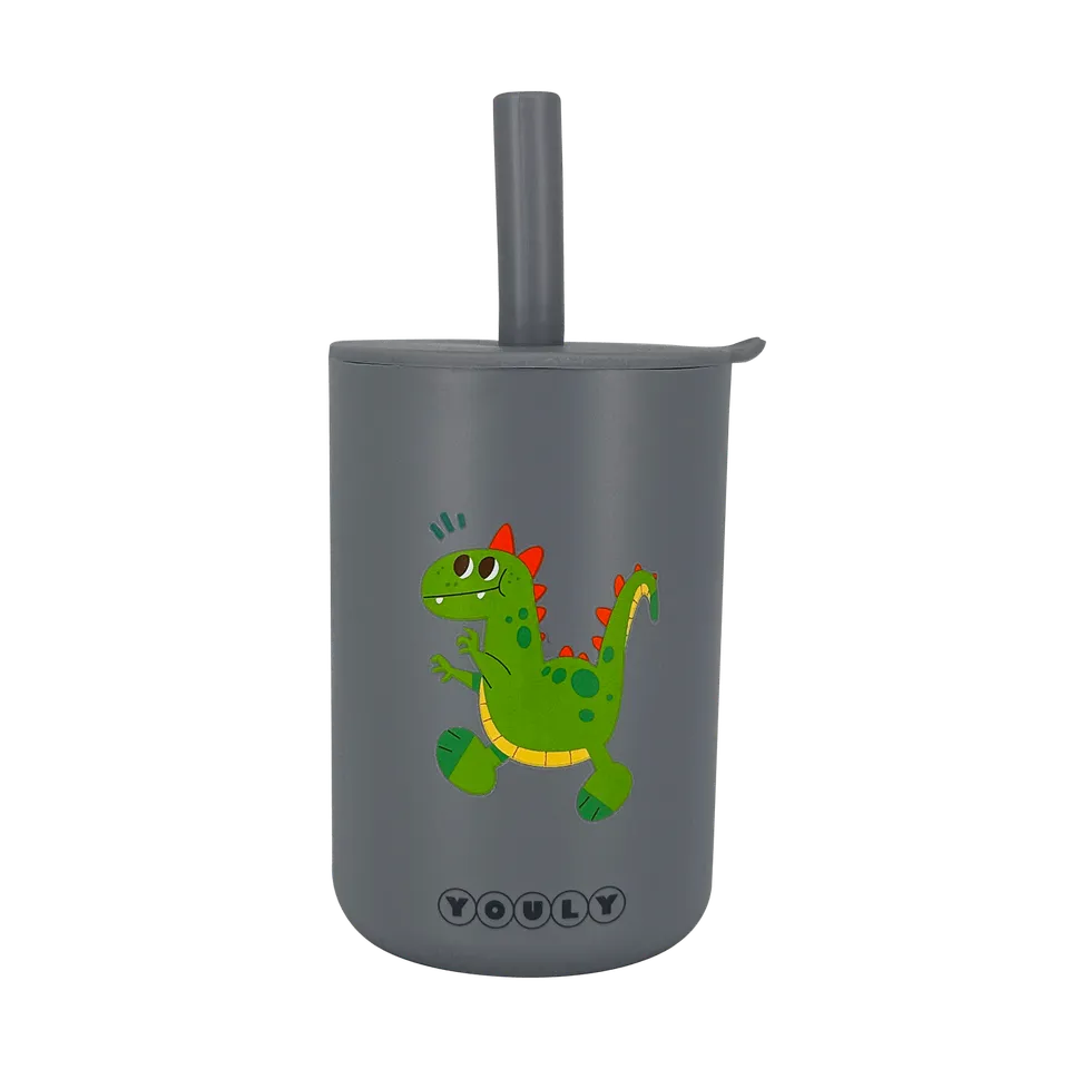 Youly Dino tazza con cannuccia grigia in silicone alimentare