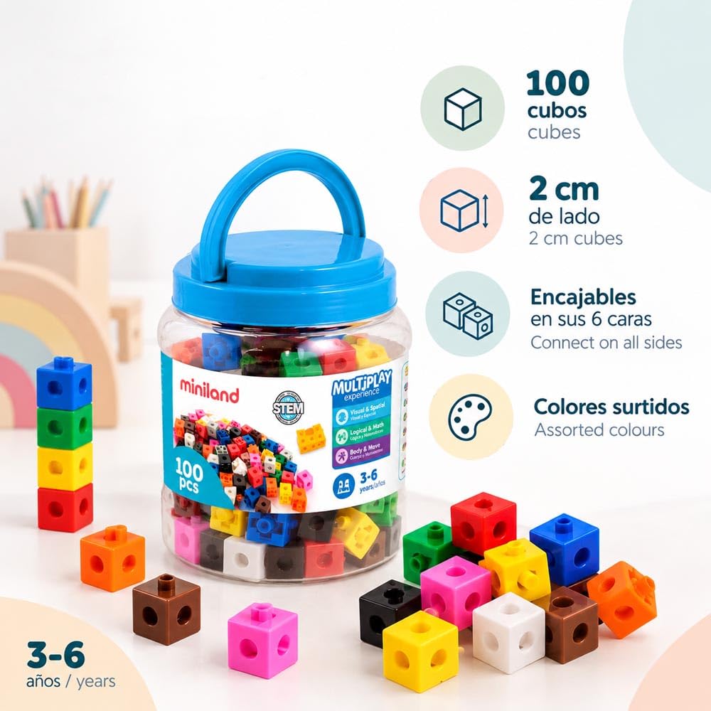 Miniland Blocchi cubetti in barattolo 100 pezzi 2 cm colori