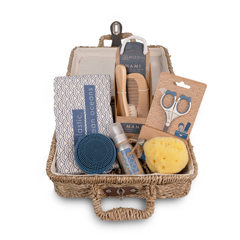 Mizu Baby Noshi Set Regalo Nascita Blu Valigetta Seagrass
