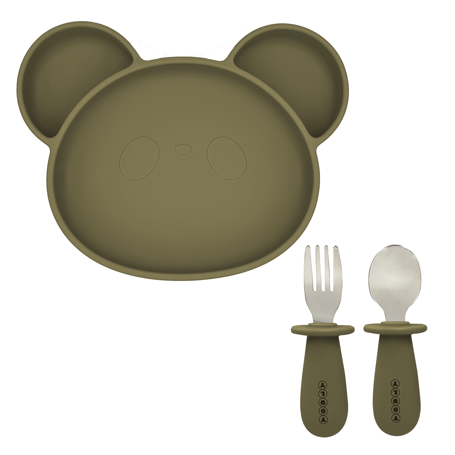 Youly set pappa orso kaki grigio piatto ventosa posate
