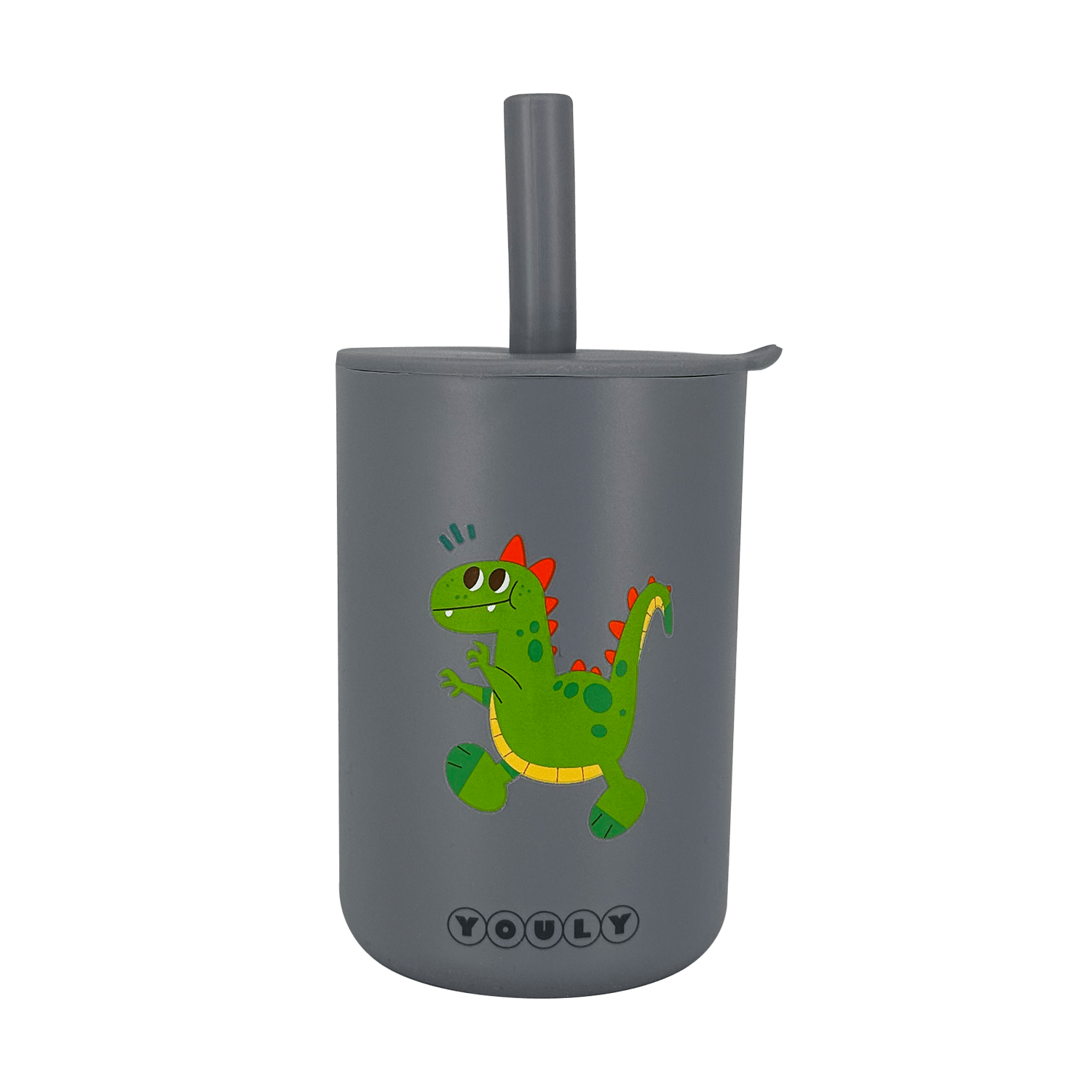 Youly Dino tazza con cannuccia grigia in silicone alimentare