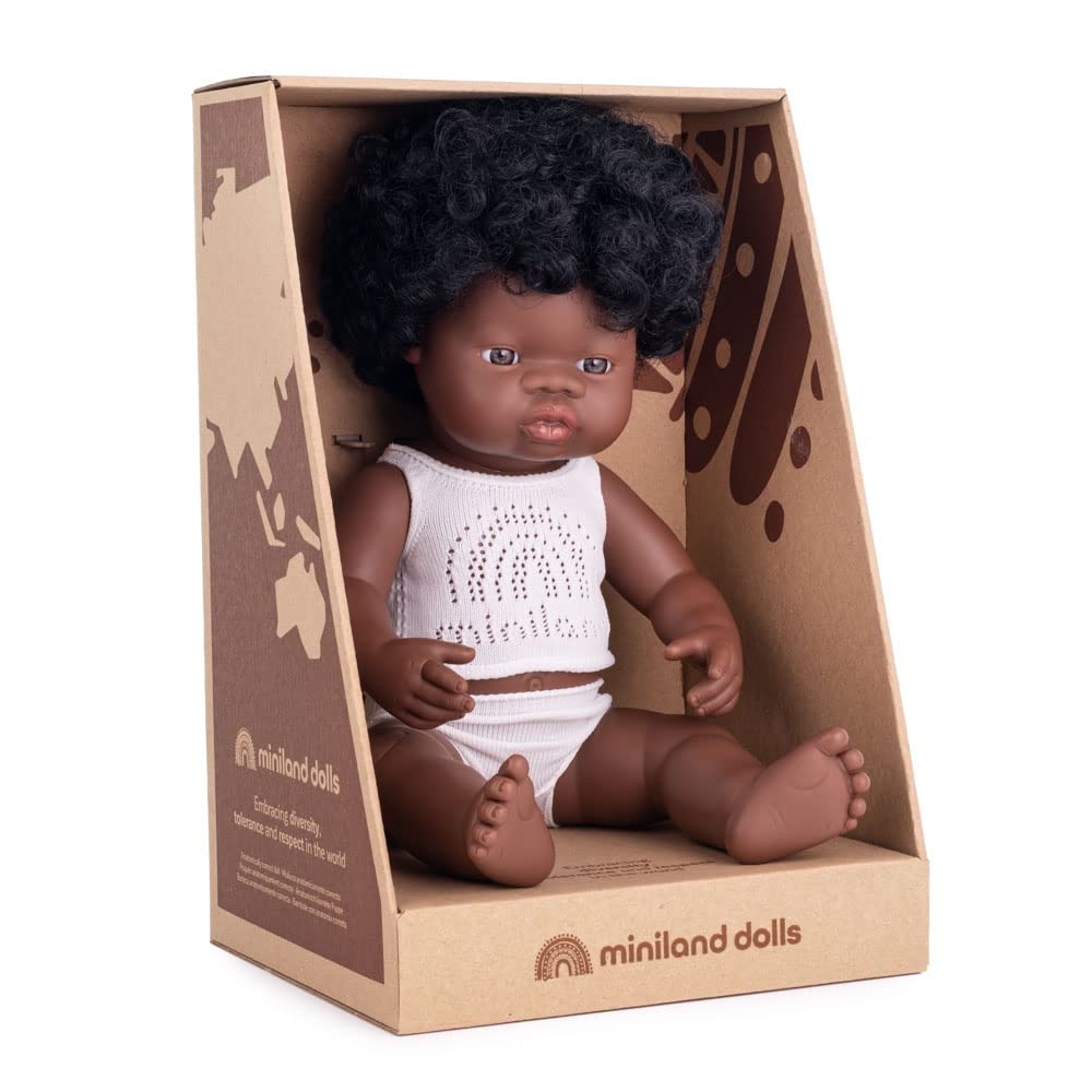 Miniland 31154 bambola africana 38 cm con biancheria vinile