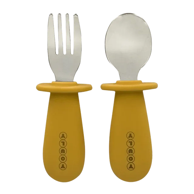 Youly posate bimbi giallo ocra forchetta e cucchiaio inox