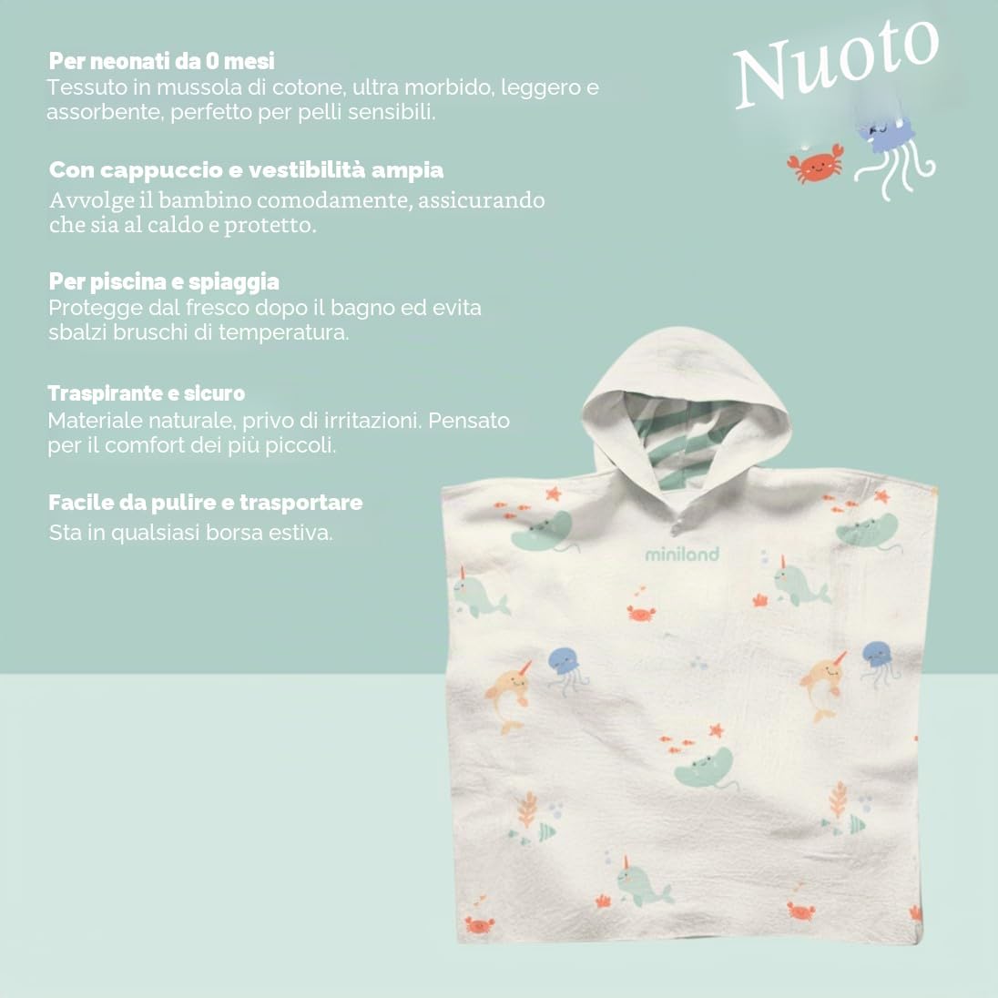 Miniland Bagno poncho neonato mussola cotone con cappuccio