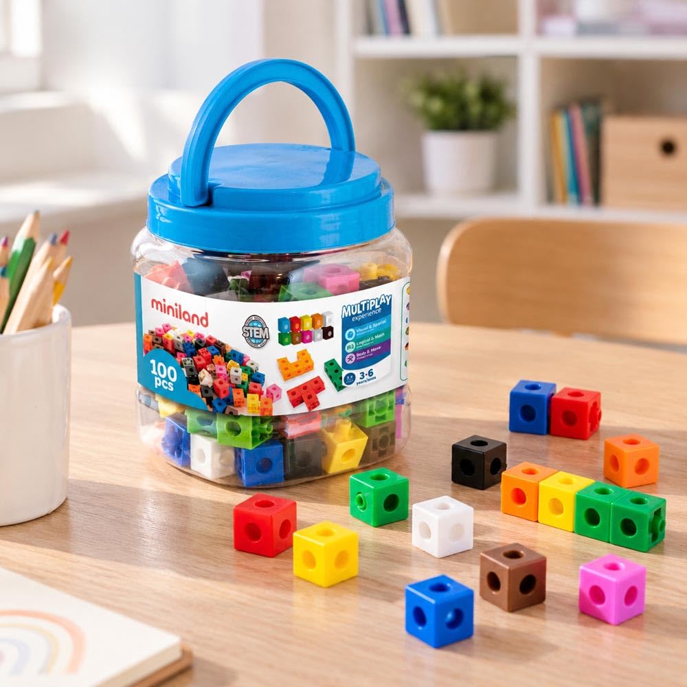 Miniland Blocchi cubetti in barattolo 100 pezzi 2 cm colori