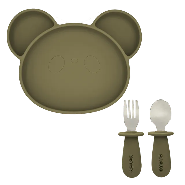 Youly set pappa orso kaki grigio piatto ventosa posate