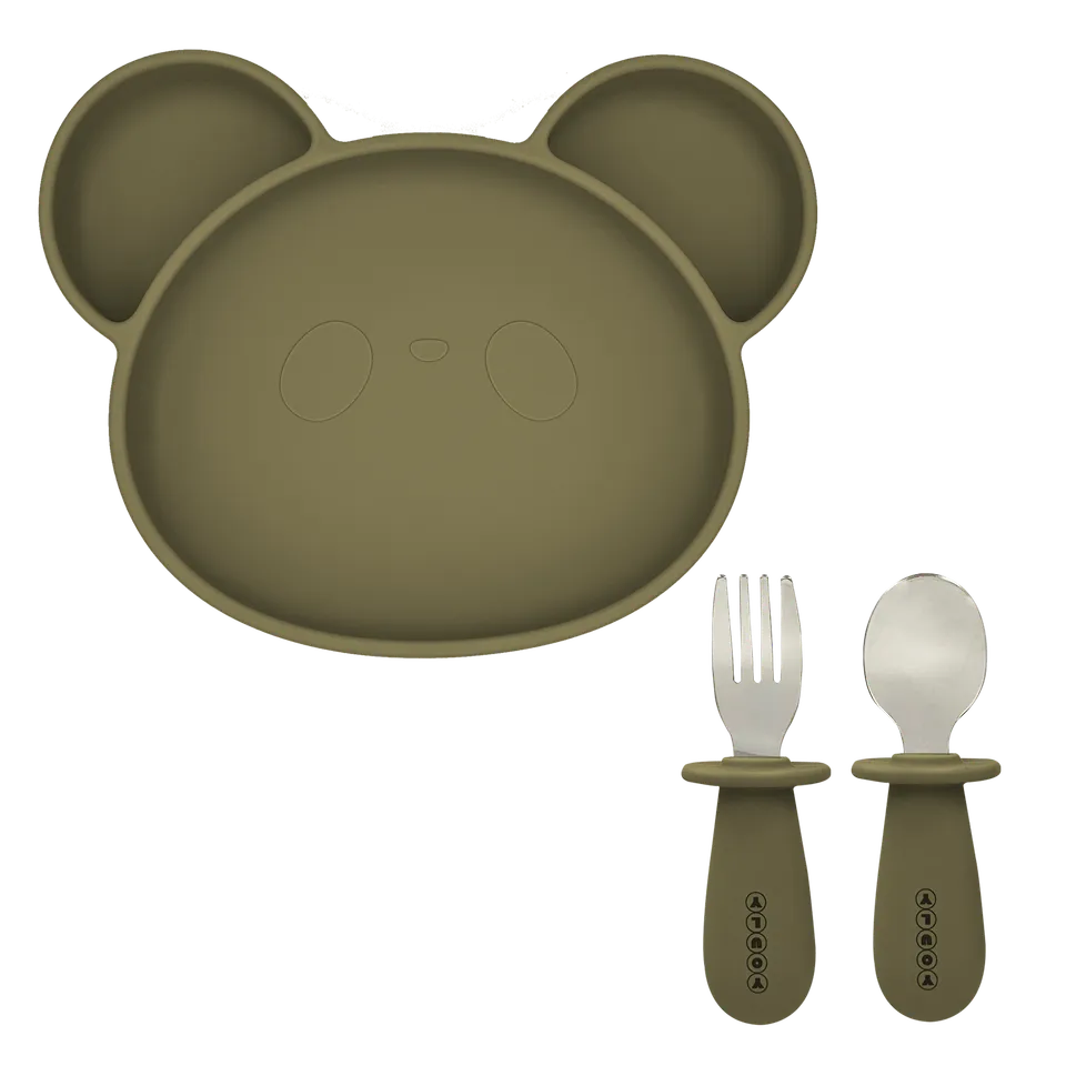 Youly set pappa orso kaki grigio piatto ventosa posate