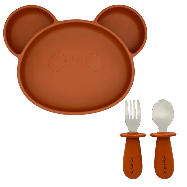 Youly Orso Set Pappa Silicone Marrone Ruggine con Posate