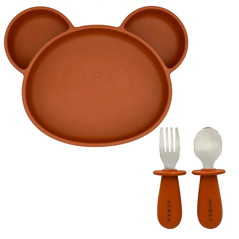 Youly Orso Set Pappa Silicone Marrone Ruggine con Posate