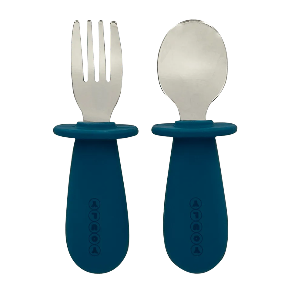 Youly Set posate bimbi blu acciaio e silicone