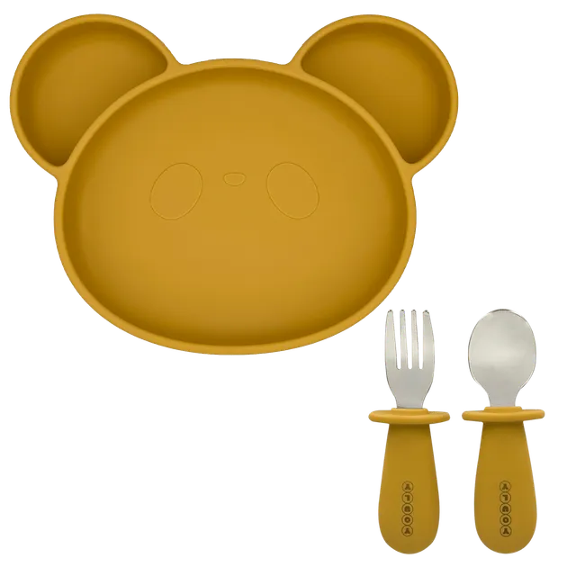 Youly set pappa giallo ocra piatto orso e posate