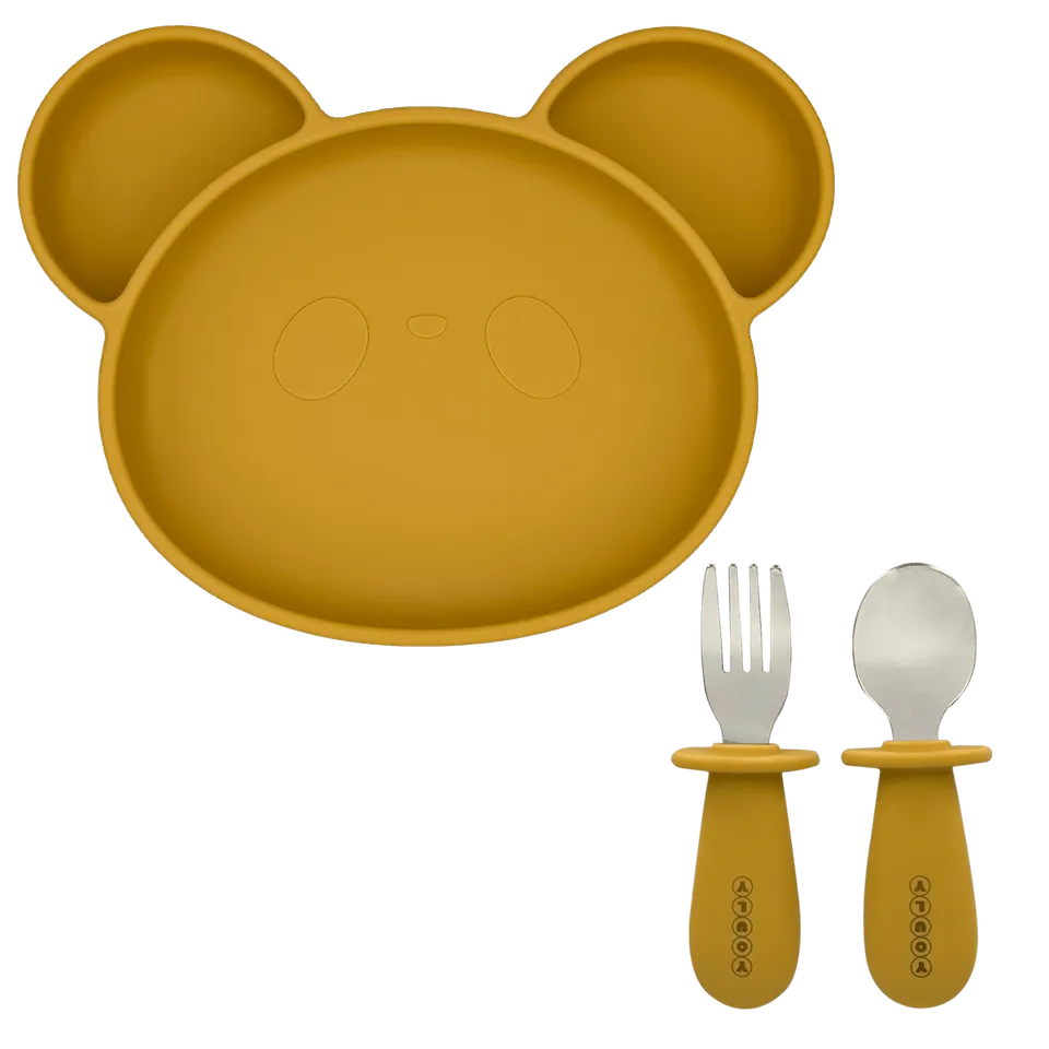 Youly set pappa giallo ocra piatto orso e posate