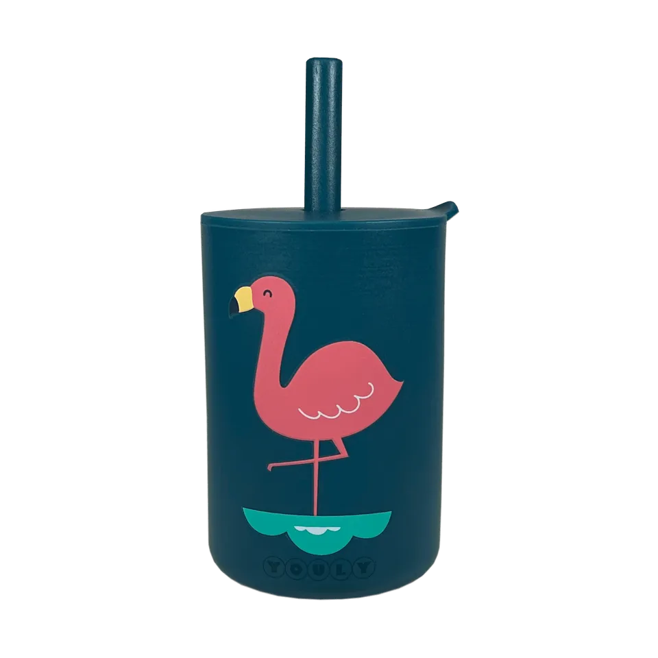 Youly Flamingo bicchiere con cannuccia silicone presa facile
