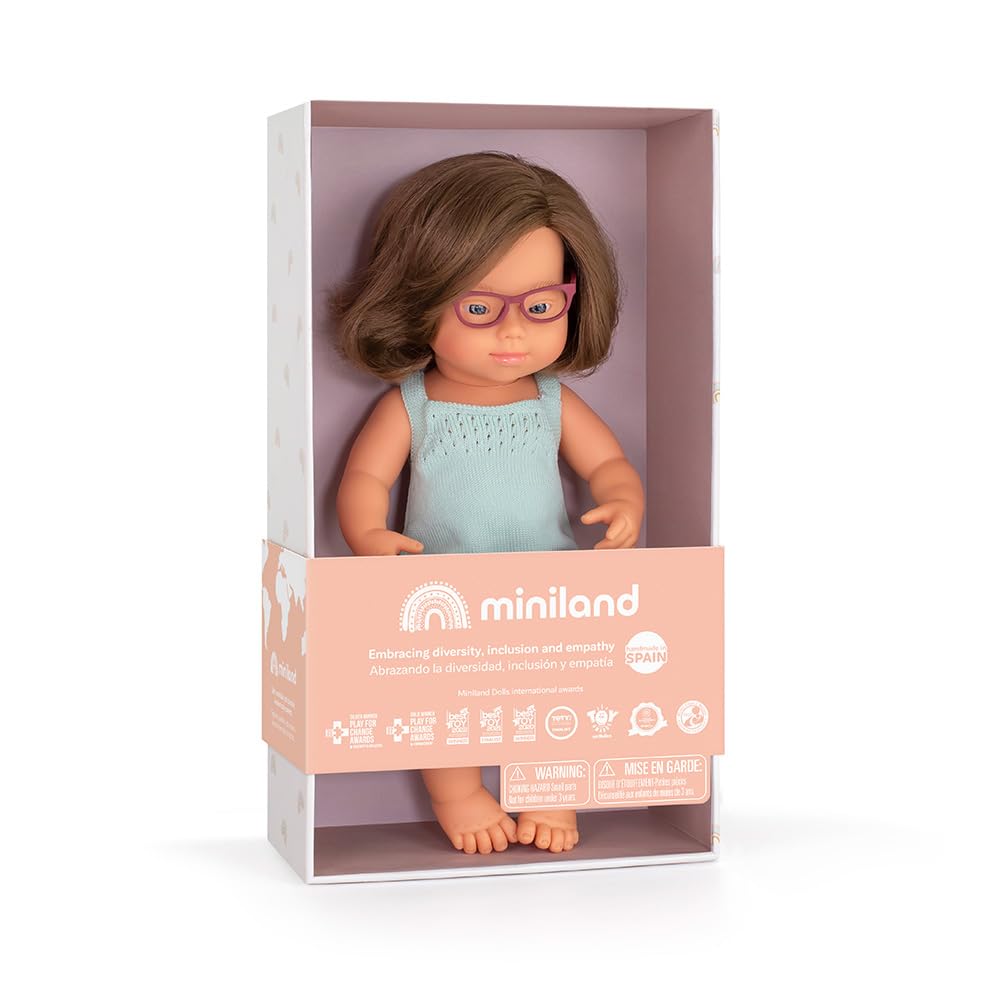 Miniland Colourful bambola caucasica down 38 cm occhiali