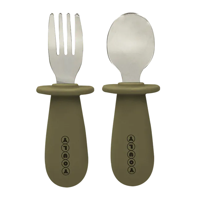 Youly Posate Bimbo Acciaio e Silicone Kaki Grigio 2 Pezzi