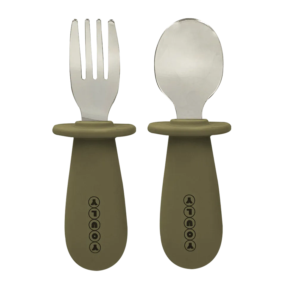 Youly Posate Bimbo Acciaio e Silicone Kaki Grigio 2 Pezzi