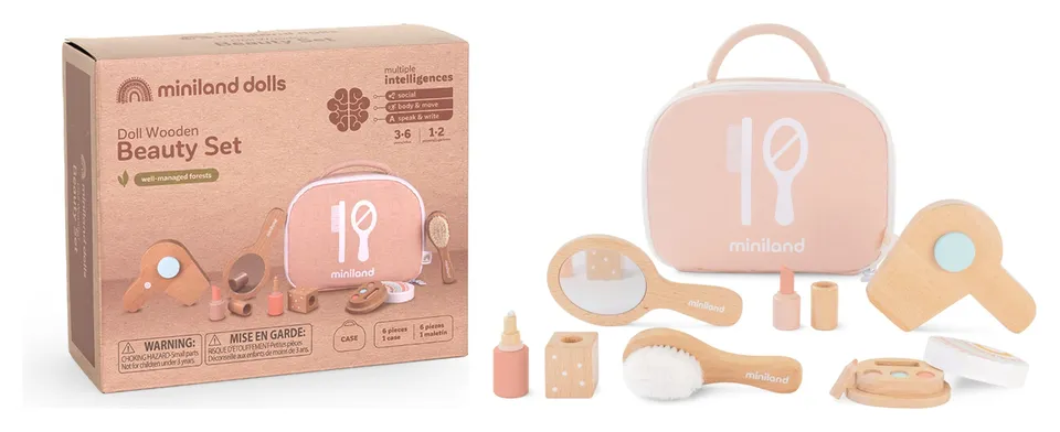Miniland Set Bellezza Legno per bambole valigetta accessori