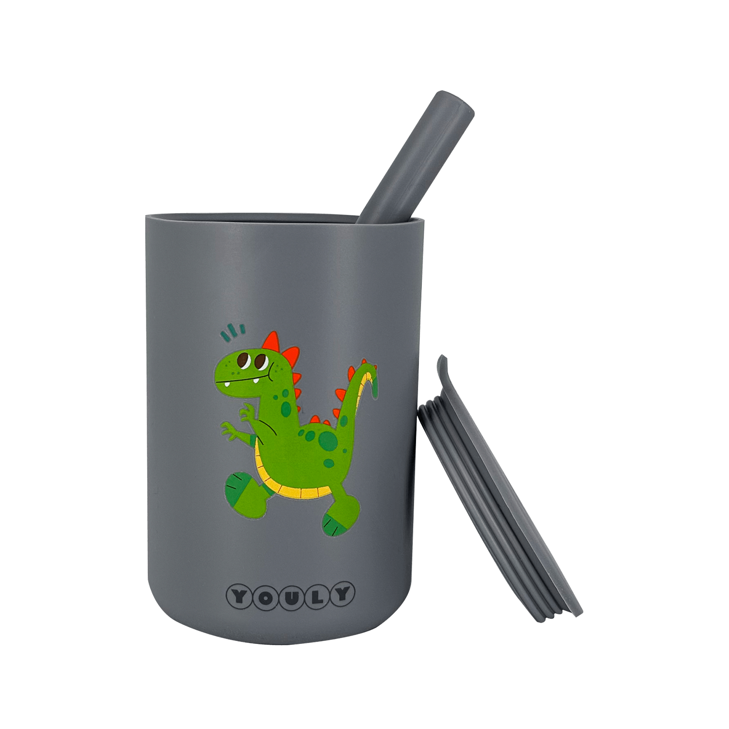 Youly Dino tazza con cannuccia grigia in silicone alimentare