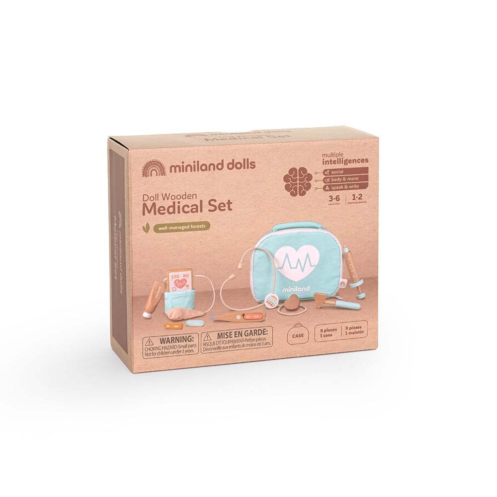 Miniland Bambole Set Medico Legno Valigetta Dottore Bambola