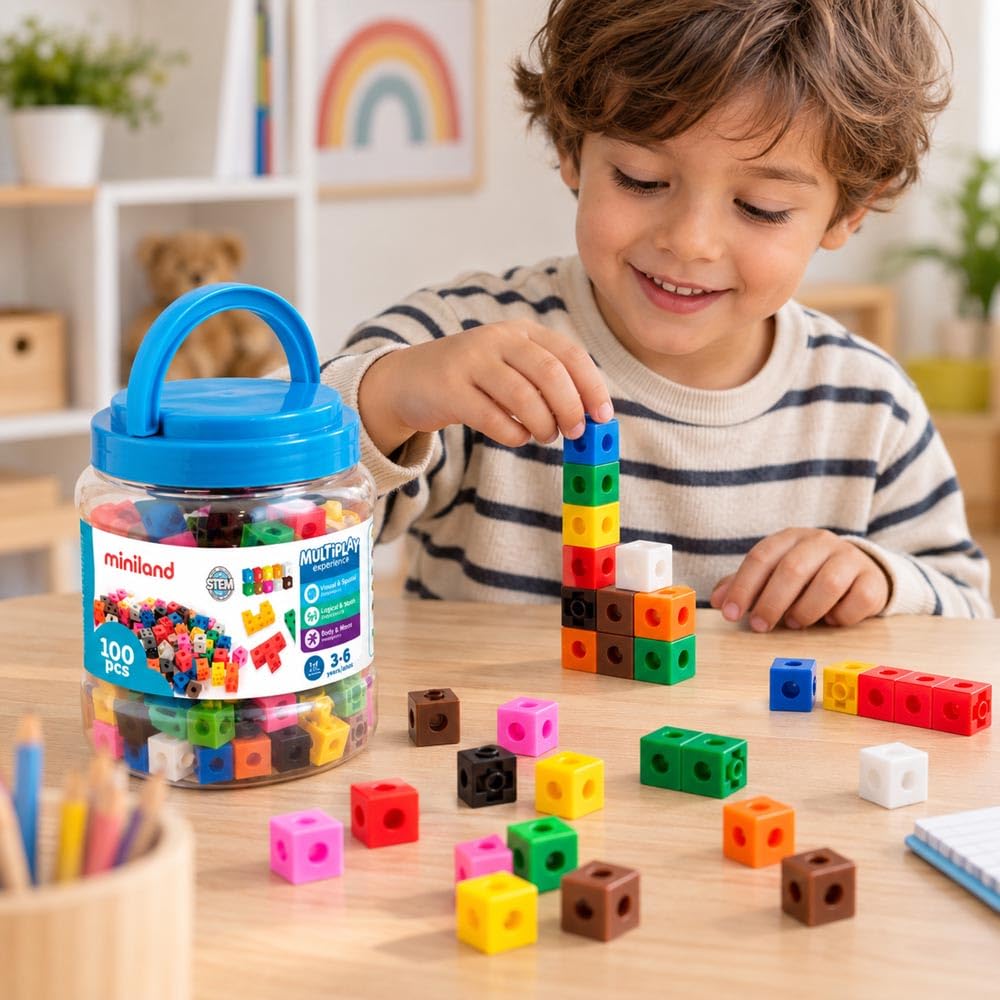 Miniland Blocchi cubetti in barattolo 100 pezzi 2 cm colori