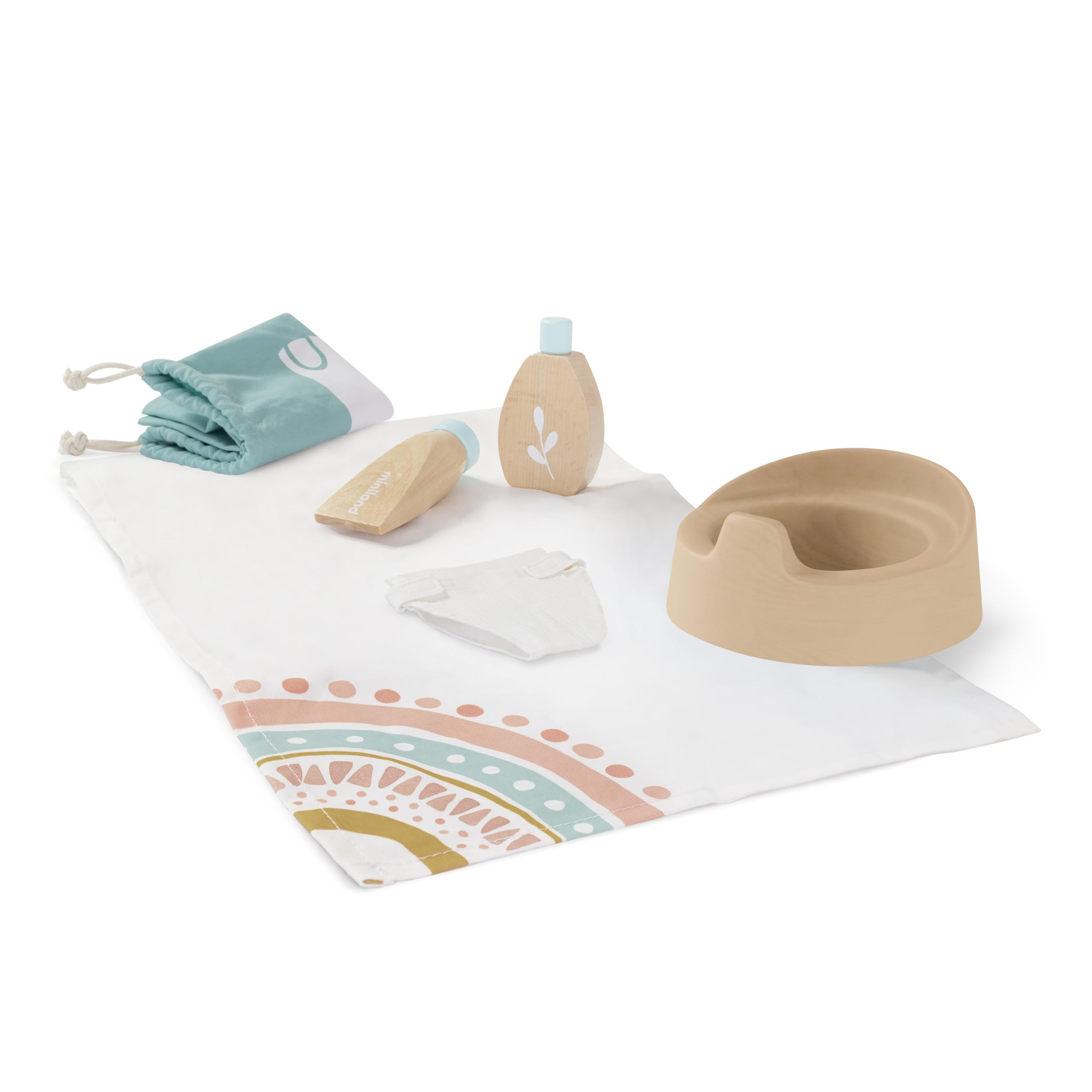 Miniland Set Igiene Legno per Bambole Borsa Vasino 6 Pezzi