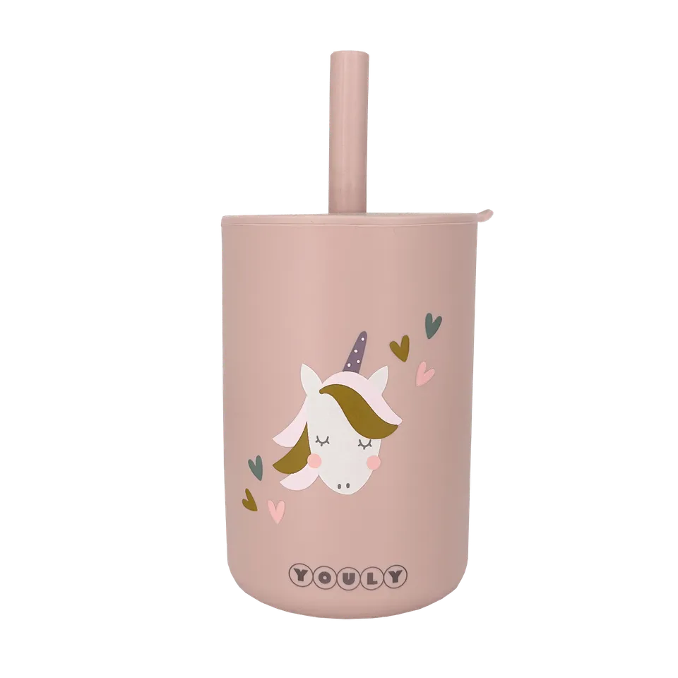 Youly Unicorn bicchiere cannuccia rosa in silicone alimentare