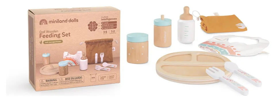 Miniland 94060 Set Pappa Bambola Legno 8 Pezzi Beige