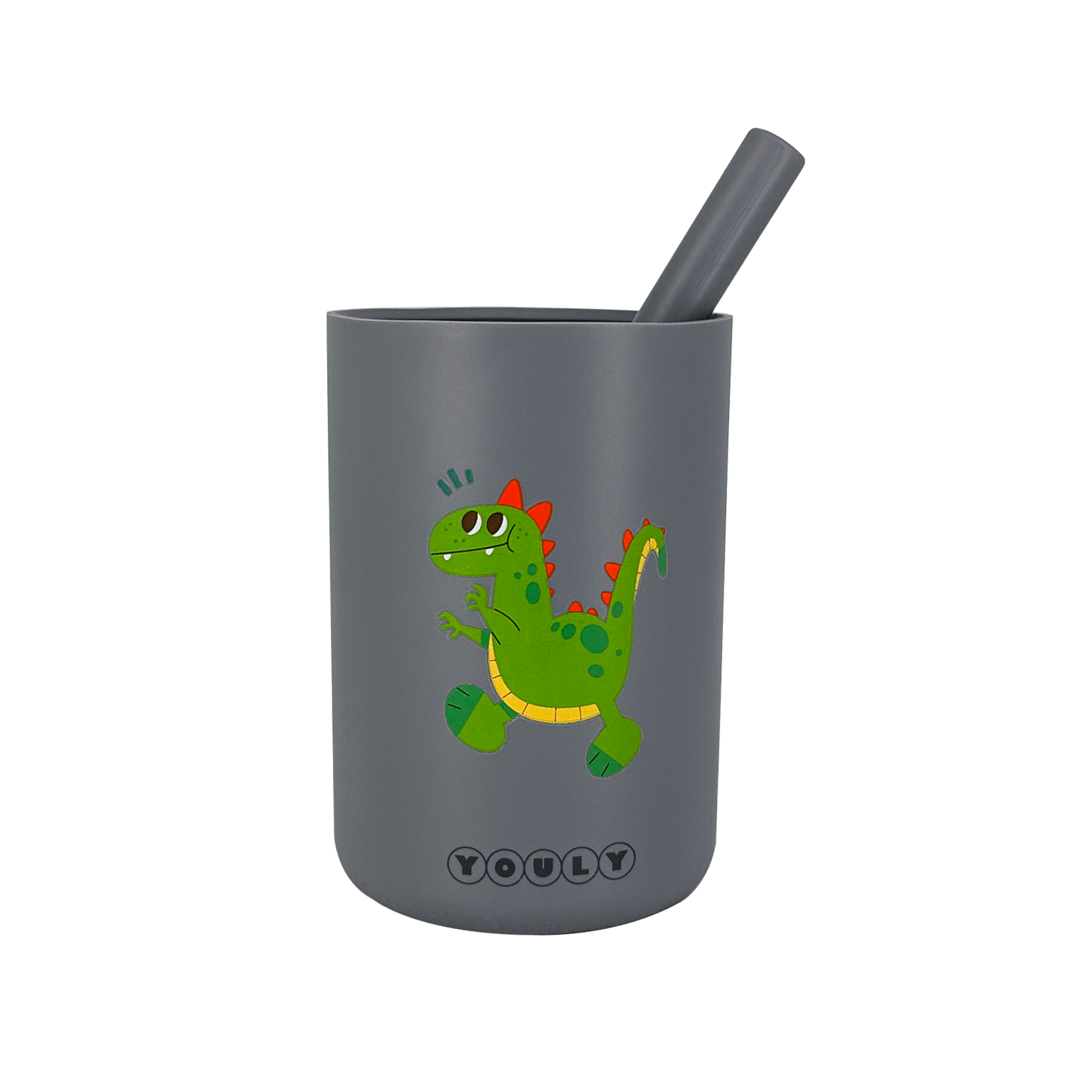Youly Dino tazza con cannuccia grigia in silicone alimentare