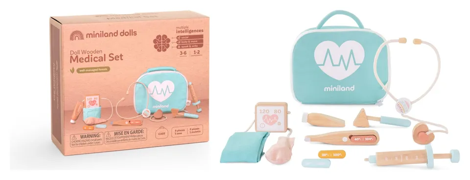 Miniland Bambole Set Medico Legno Valigetta Dottore Bambola
