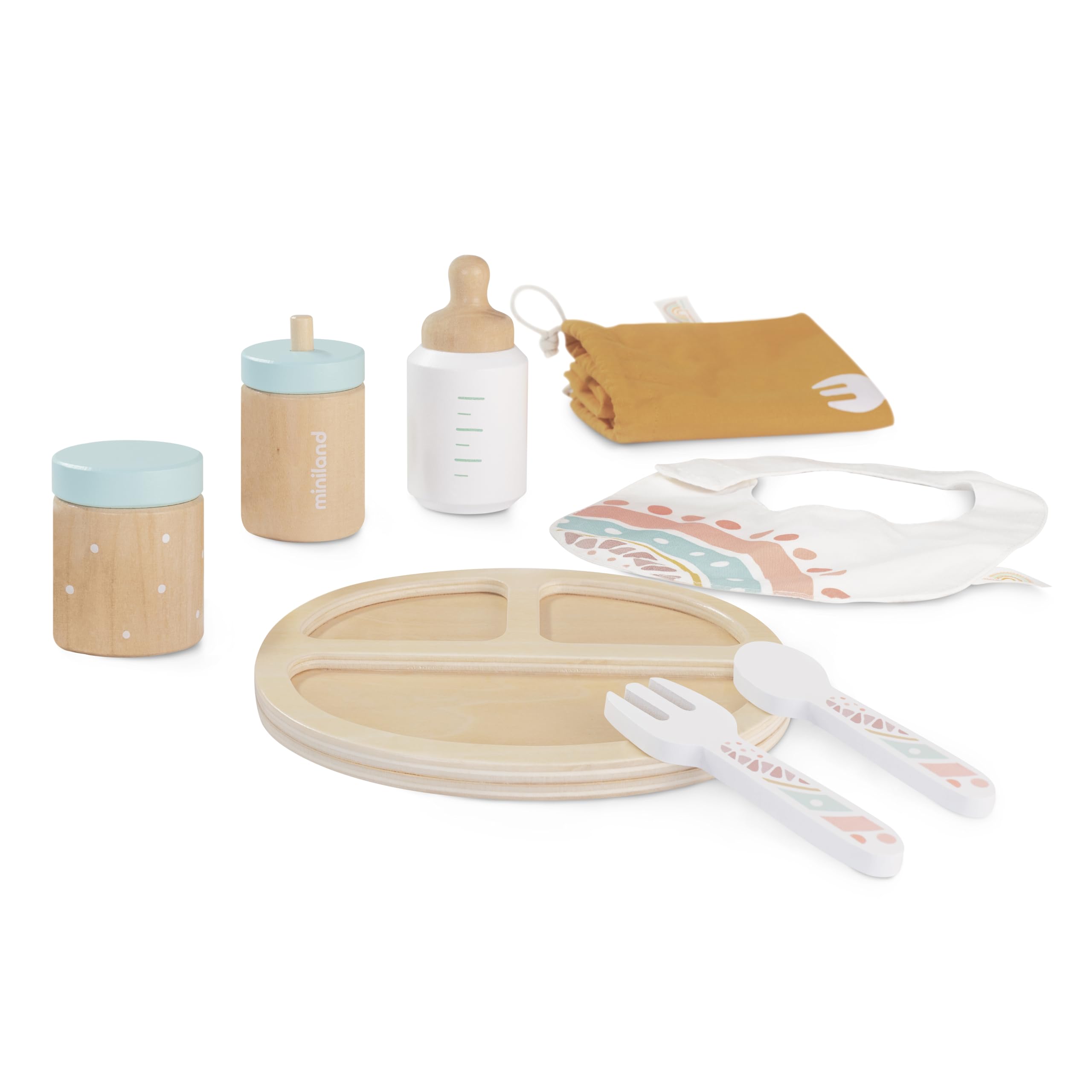 Miniland 94060 Set Pappa Bambola Legno 8 Pezzi Beige