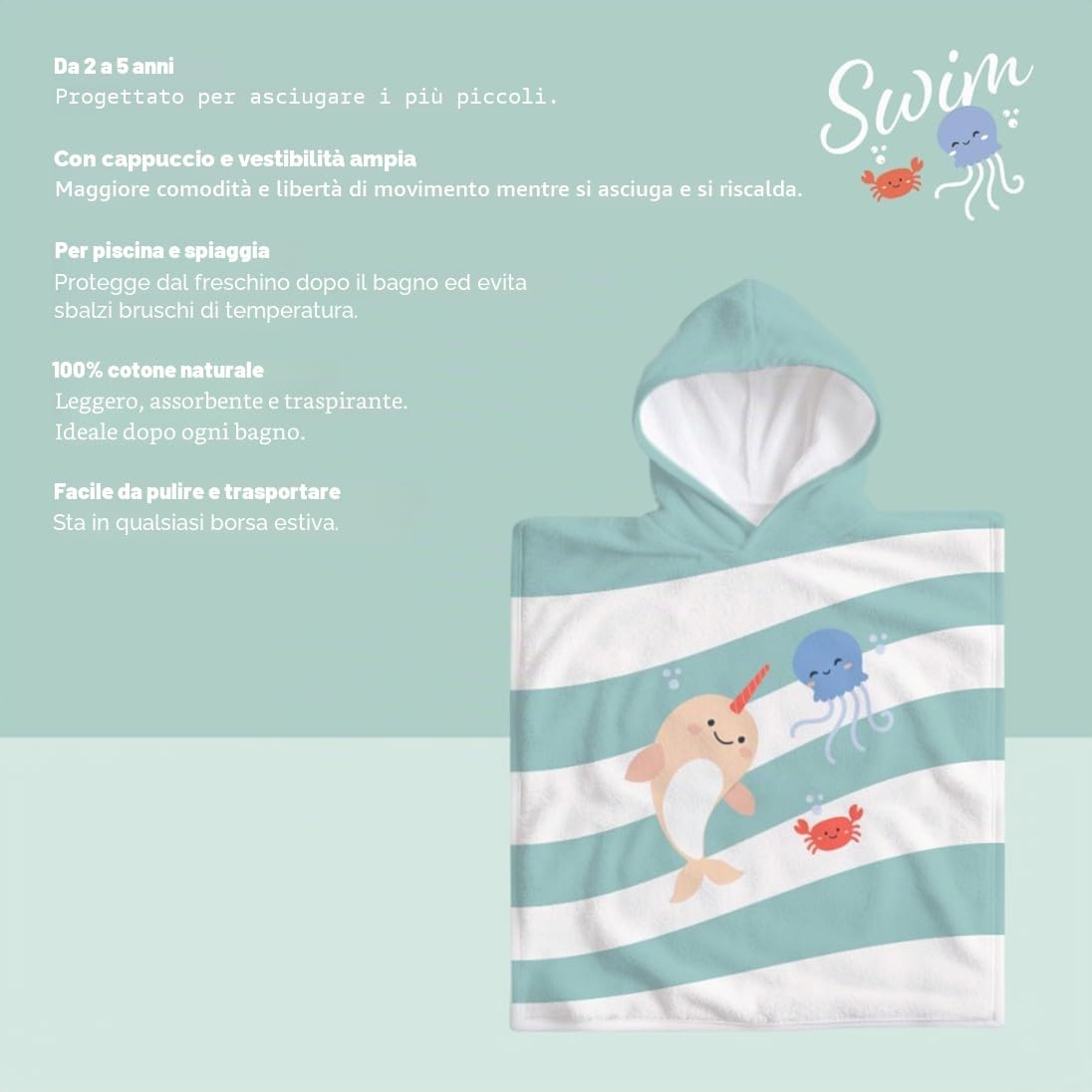 Miniland Bagno poncho cotone cappuccio mare bambini assorbente